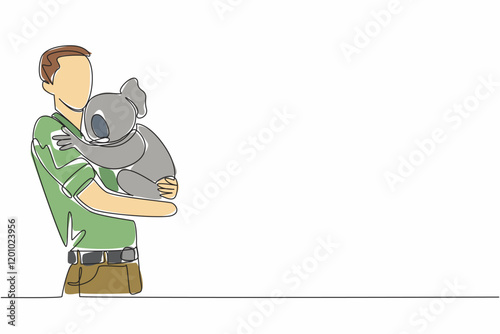 Single continuous line drawing a man in casual clothes carrying a koala. a man in casual clothes carrying a koala. Pampering with humans. Hug an Australian Day. One line design vector illustration