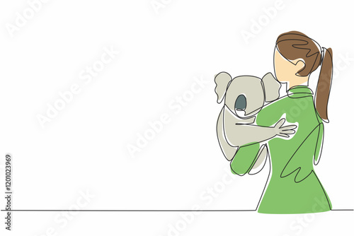 Continuous one line drawing a woman in casual clothes is holding a koala. Cute and adorable tame animals. Capture holiday moments. Hug an Australian Day. Single line draw design vector illustration