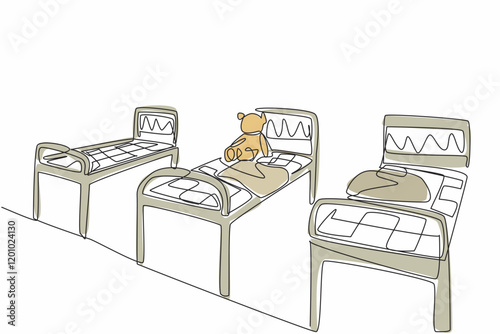 Single continuous line drawing old room with iron beds lined up and a broken doll. A room abandoned by tragedy. Gripping. International Chernobyl Remembrance Day. One line design vector illustration
