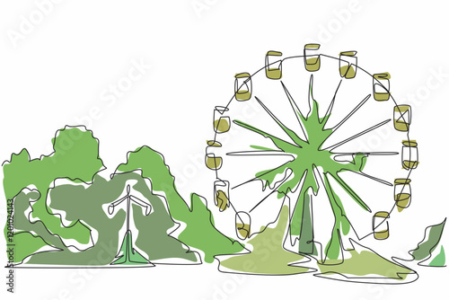 Continuous one line drawing broken and neglected ferris wheel in the amusement park. A place without civilization. International Chernobyl Remembrance Day. Single line draw design vector illustration