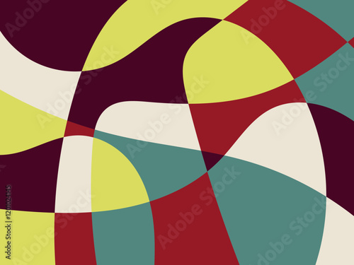 Abstract multicolored organic mosaic illustration design background. Colors: cab sav, red wine, yellow, dusty teal, and dawn pink.