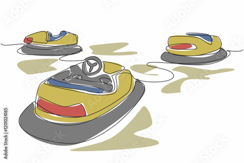 Single one line drawing some bumper cars that are damaged and not maintained. A miserable place. Not feasible. International Chernobyl Remembrance Day. Continuous line design graphic illustration