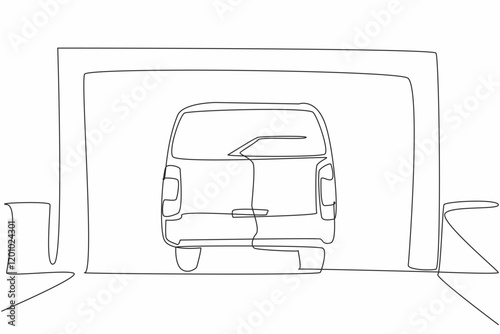 Single continuous line drawing car garage seen from the front and car seen from the back. The car will be parked from the front of the car. National Garage Day. One line design vector illustration