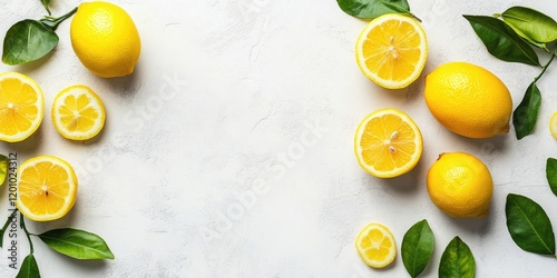 Vibrant yellow lemons and fresh green leaves arranged on a neutral white concrete background creating a bright and refreshing vitamin C concept.