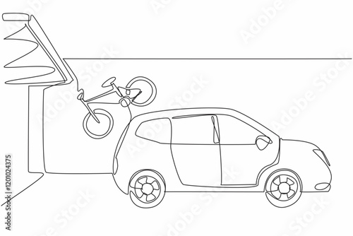 Single one line drawing the interior of the garage with cars and bikes hanging on the wall. Neatness for ease. Keep fit by cycling. National Garage Day. Continuous line design graphic illustration