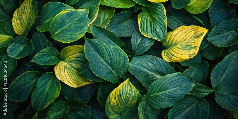 Lush green and golden hosta leaves arranged in a vibrant full frame background with rich textures and varying shades of green and yellow. Lush green and golden hosta leaves arranged in a vibrant full frame background with rich textures and varying shades of green and yellow.