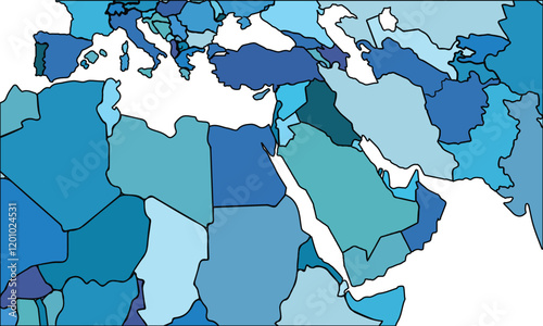 Middle East map with regions vector illustration,Middle East Political map and administrative divisions, vector illustration map of Middle East with borders, colorful map of Middle East.