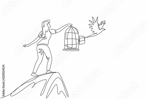 Single continuous line drawing a woman in casual clothes stood on a hill releasing birds. Giving freedom to animals. Unlimited free flight. National Go Birding Day. One line design vector illustration