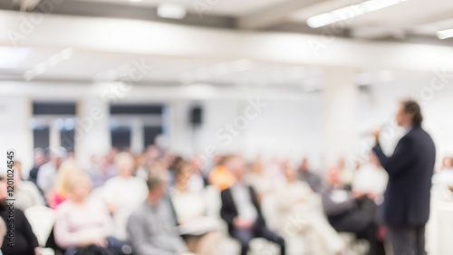 A keynote speaker at a business event, blurred for dramatic effect.