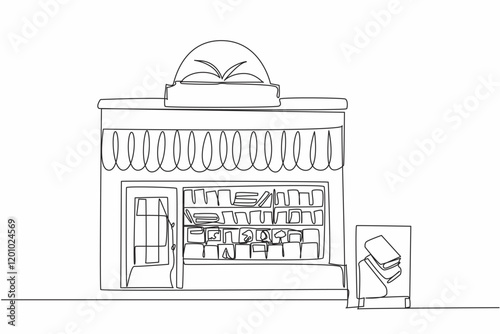 Continuous one line drawing small bookstore seen from outside. Newly started independent business. Influencing reading interest. Independent Bookstore Day. Single line draw design vector illustration