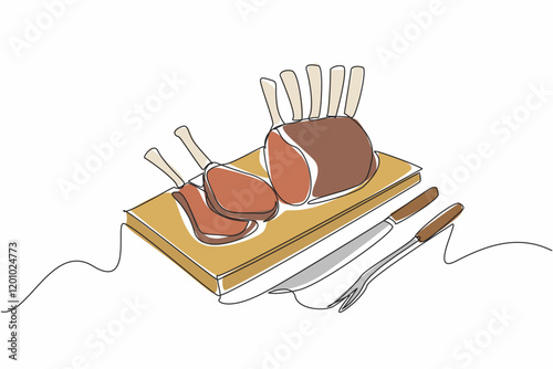 Continuous one line drawing prime rib with bones and 2 small slices on square wooden tray. Juicy meat near the bone. Very delicious. National Prime Rib Day. Single line draw design vector illustration