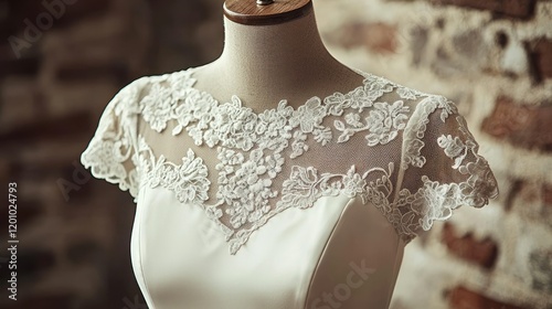 Lace wedding dress detail, rustic backdrop, bridal shop photo