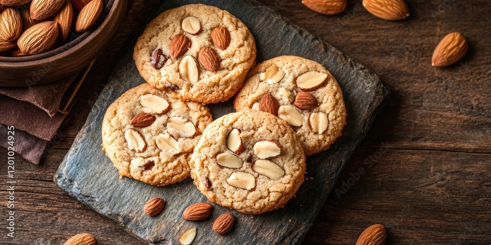 Fototapeta premium Freshly baked almond cookies displayed on a dark stone board with whole almonds scattered on a rustic wooden background, top view, soft focus.