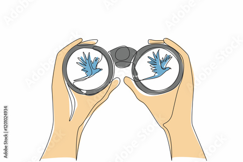 Single one line drawing two hands holding binoculars watching flying birds. Observing animal behavior in the wild. Discovery. National Go Birding Day. Continuous line design graphic illustration