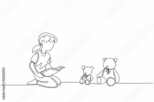 Single continuous line drawing girl sitting on the floor reading a story book to a teddy bear. Very interesting folktale. Share the joy. National Tell a Story Day. One line design vector illustration