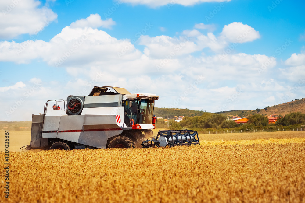 Obraz premium A powerful harvester cuts through a vast wheat field, surrounded by rolling hills and fluffy clouds.