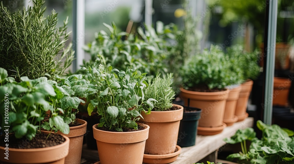 A small greenhouse filled with rows of potted herbs and vegetables A small greenhouse filled with rows of potted herbs and vegetables