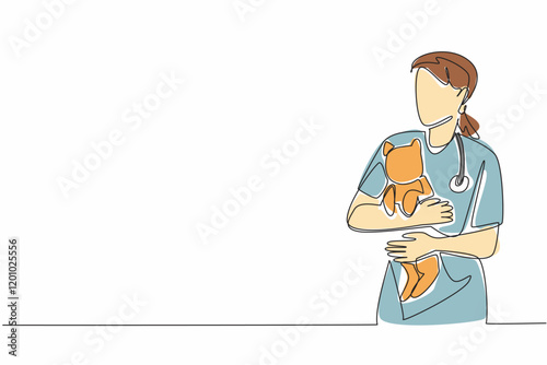 Single continuous line drawing female veterinarian holding a cat. Calming before taking further action. Do it voluntarily. The professional. World Veterinary Day. One line design vector illustration