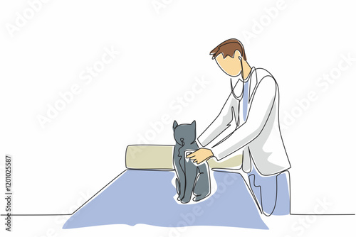 Single one line drawing male veterinarian examining the chest of a cat sitting on a treatment bed. Undergoing further checks. Job. World Veterinary Day. Continuous line design graphic illustration