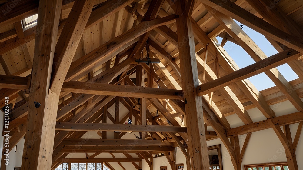 Obraz premium Exposed Beams & Triangular Trusses in Rustic Cathedral Ceiling V3