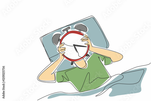Single continuous line drawing person lying on bed holding alarm clock and covering his head. The organ of body systems work at certain hours. Biological Clock Day. One line design vector illustration