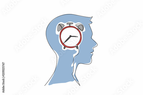 Continuous one line drawing the alarm clock inside the human head. The brain processes all organs naturally. Works 24 hours a day. Biological Clock Day. Single line draw design vector illustration