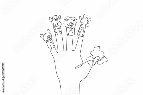 Single one line drawing finger puppet on all fingers. Friendship between elephant, lion, giraffe, zebra, civet. Great performance. National Day of Puppetry. Continuous line design graphic illustration
