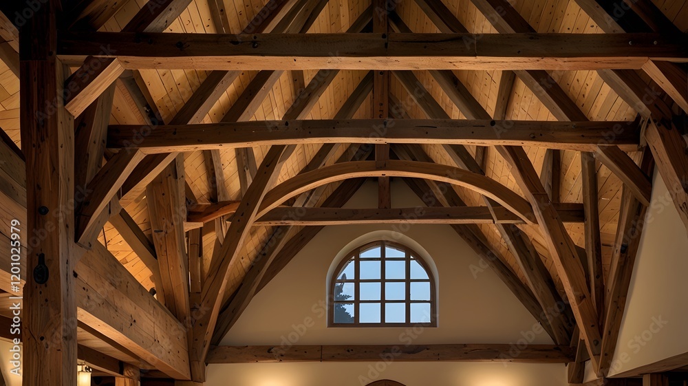 Obraz premium Exposed Beams & Triangular Trusses in Rustic Cathedral Ceiling V7
