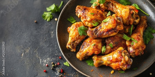 Golden chicken wings seasoned with spices on a dark plate garnished with herbs surrounded by scattered colorful peppercorns vertical composition photo