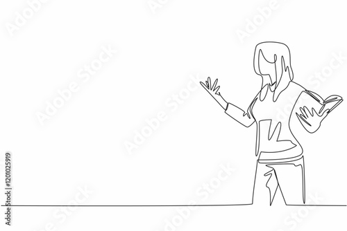 Single continuous line drawing woman in casual clothes reading a book or poetry in attractive pose. Practice seriously before performance. Great Poetry Reading Day. One line design vector illustration