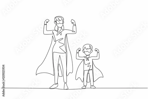Single one line drawing a mother and a boy raise both hands showing off their arm muscles. Services of mother exceed superheroes. Autism Super Mom Day. Continuous line design graphic illustration