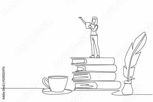 Single continuous line drawing woman reading poetry while holding a piece of paper. Classic style art maker. Imitate the poet of long ago. Great Poetry Reading Day. One line design vector illustration