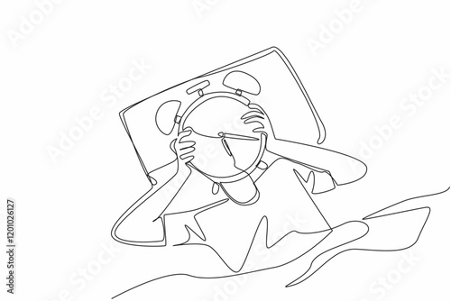 Single continuous line drawing person lying on bed holding alarm clock and covering his head. The organ of body systems work at certain hours. Biological Clock Day. One line design vector illustration