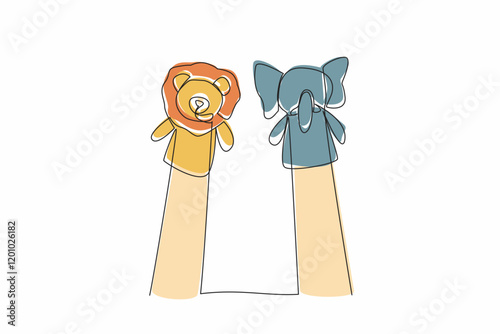 Continuous one line drawing 2 hands with elephant and lion hand puppets in the hands. The story of their friendship. Suitable. National Day of Puppetry. Single line draw design vector illustration
