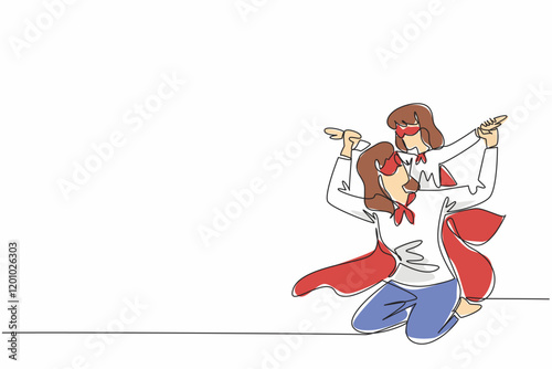 Single continuous line drawing a mother and her daughter playing together. Work together to eradicate germs at home. Superhuman strength. Autism Super Mom Day. One line design vector illustration
