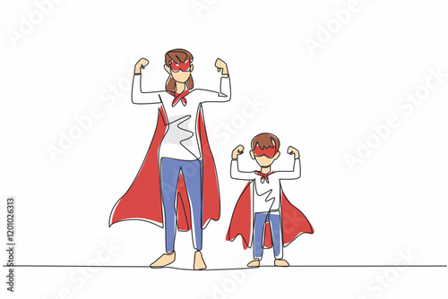 Single one line drawing a mother and a boy raise both hands showing off their arm muscles. Services of mother exceed superheroes. Autism Super Mom Day. Continuous line design graphic illustration