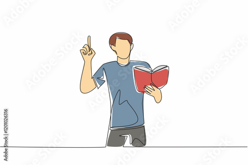 Single one line drawing a man standing reading a book or poem in an attractive pose. Practice before the performance. Gesture. Great Poetry Reading Day. Continuous line design graphic illustration