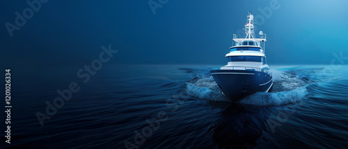 Luxury yacht navigating through deep blue waters at night.