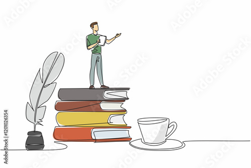 Continuous one line drawing a man reading poetry while holding a piece of paper. Classic style poetry artist. The poetic poet. Great Poetry Reading Day. Single line draw design vector illustration