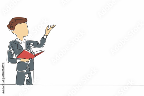 Single one line drawing a boy reading a book or poem with an attractive pose. Styled like a great poet. Entertaining the audience. Great Poetry Reading Day. Continuous line design graphic illustration