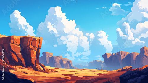 8bit pixel desert with mountain rocks, game landscape and video arcade vector background. 8 bit pixel game landscape of desert valley with canyon rocks or stones under sky clouds for game level scene