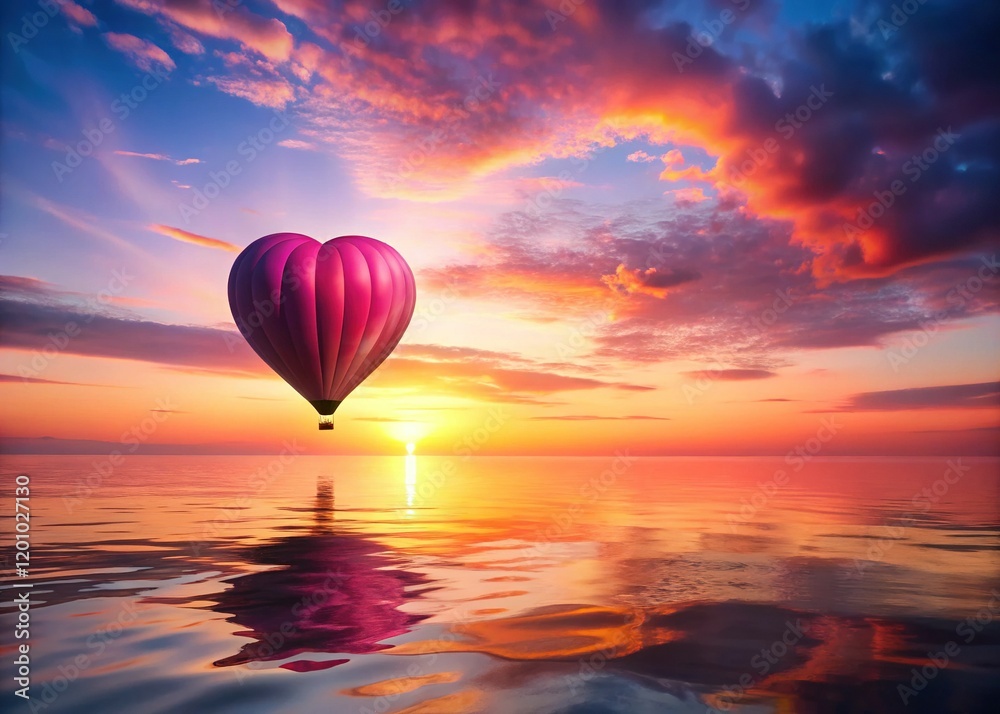 Fototapeta premium Silhouette Pink Heart Hot Air Balloon Sunset Sea Stock Photo
