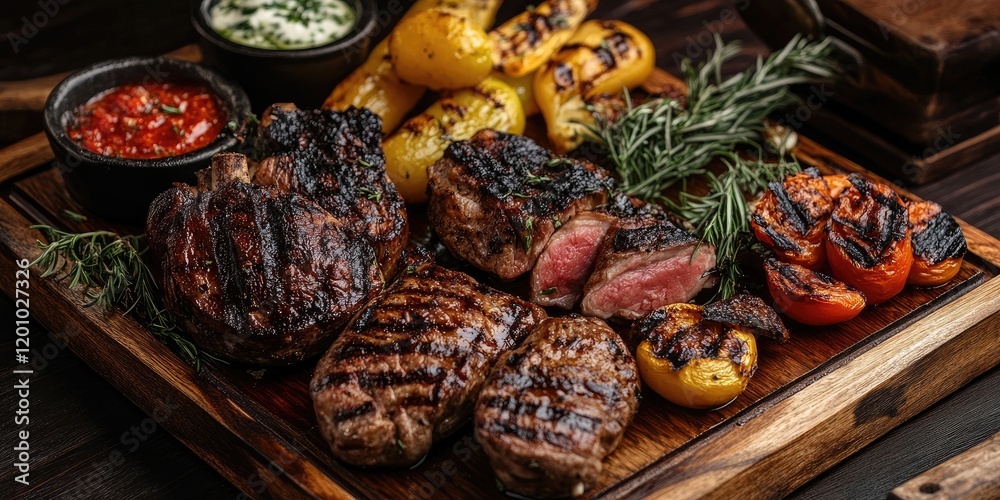 Grilled meat platter with perfectly charred steaks and colorful vegetables on a rustic wooden board with green herbs and dipping sauces on the side Grilled meat platter with perfectly charred steaks and colorful vegetables on a rustic wooden board with green herbs and dipping sauces on the side