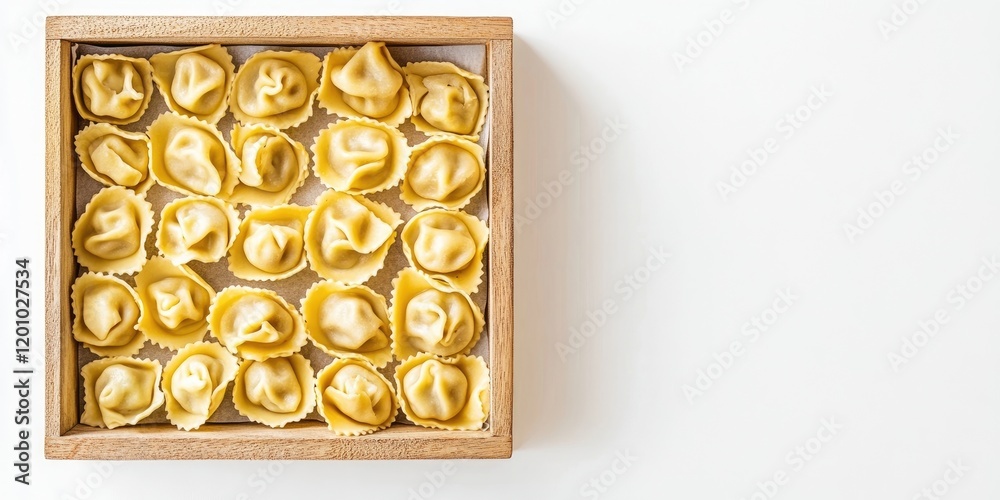 Frozen tortellini and ravioli neatly arranged in a wooden box on a white background, ample copyspace on the right for text, warm yellow tones. Frozen tortellini and ravioli neatly arranged in a wooden box on a white background, ample copyspace on the right for text, warm yellow tones.