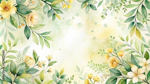 Elegant Watercolor Floral Frame with Yellow and White Blossoms and Lush Greenery on a Soft Green Background