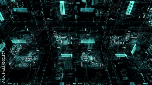 A high-tech, digital crafted abstract motion grid set in a cyber environment, highlighting big data visualization and AI simulations, ideal for use as a dynamic digital background in motion graphic.