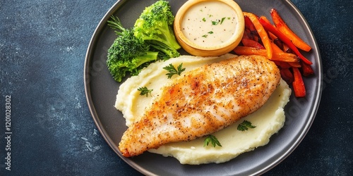 Fried Basa fillet on creamy mashed potatoes with broccoli and carrots served in a gray plate on a dark background with space for text