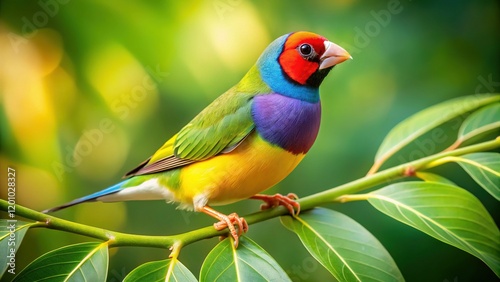 Vibrant Gouldian Finch Perched on Branch, Exotic Bird, Wildlife Photography photo