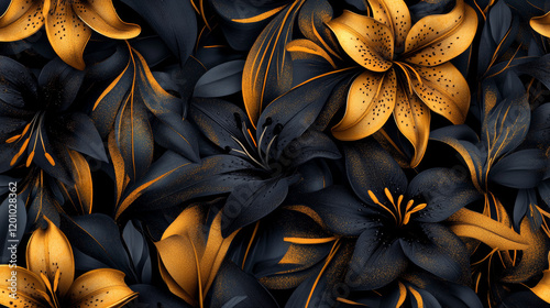 Gold and black fleur-de-lis floral seamless pattern with yellow lily flowers on dark background photo