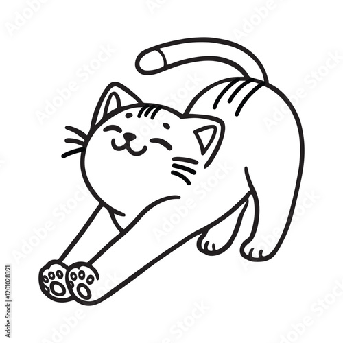 Line art of cat stretching with smile cartoon vector